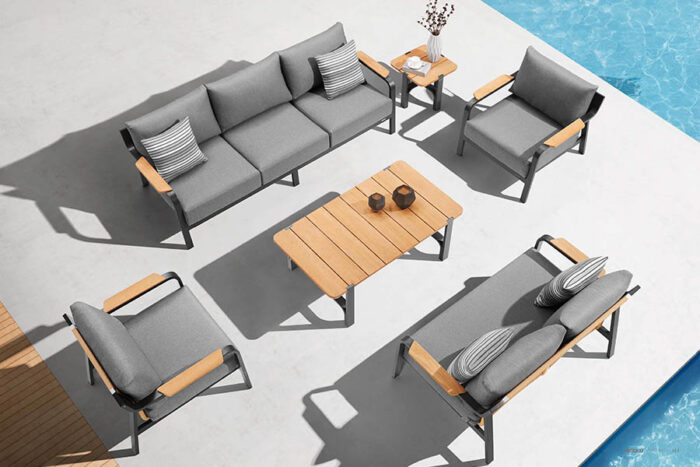 Ensemble salon de jardin haut de gamme complet comprenant un canapé de jardin 3 places , un canapé de jardin 2 places, 2 fauteuils de jardin, une table basse et table d'appoint de la collection Visconti.