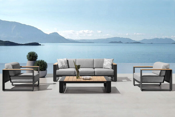Salon de jardin 5 places haut de gamme en aluminium gris foncé et bois de teck CAMBUSA