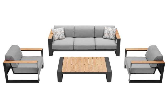 Salon de jardin haut de gamme avec canapé de jardin et table basse, coloris gris. Matériaux: Aluminium noir et teck massif. Collection Visconti.