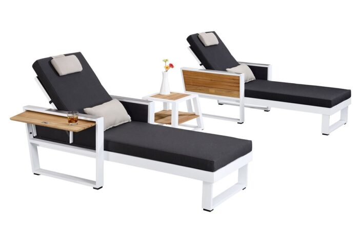 2 transats aluminium blanc et table York