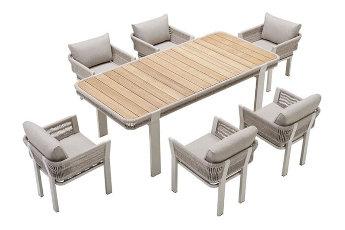 Ensemble repas jardin résine tressée beige Borromeo.