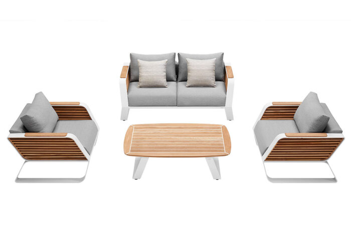 Salon de jardin aluminium 4 places avec table basse calfatée WING