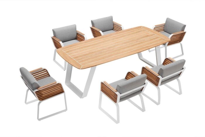 Table et chaises de jardin 6 places avec plateau teck finition bateau WING.
