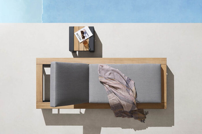 Bain de soleil bois teck et tissu gris haut de gamme Cambusa