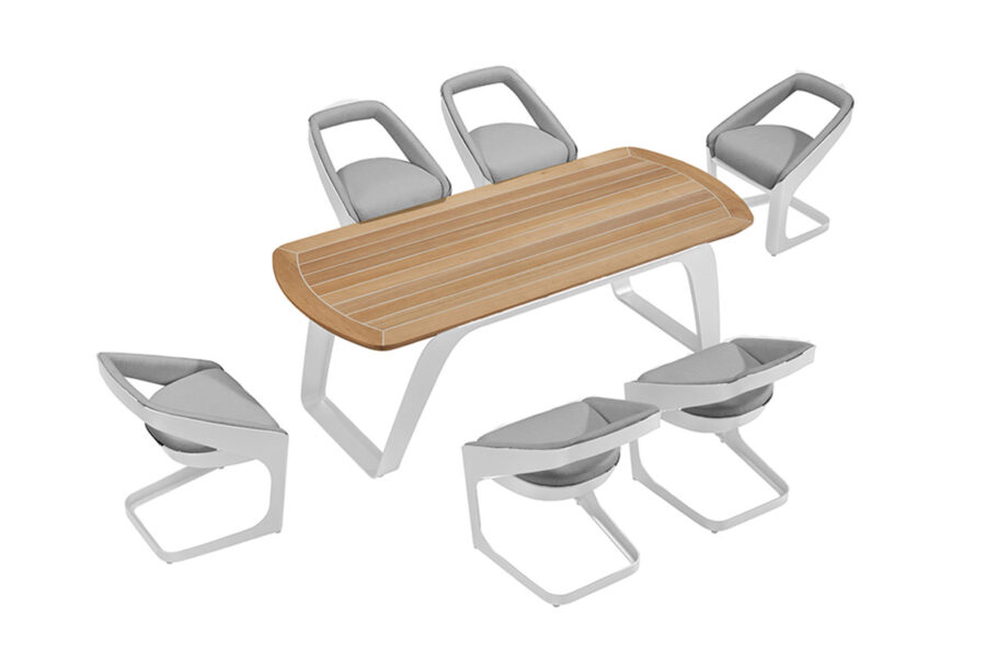 Table de jardin haut de gamme aluminium avec plateau en teck avec chaises de jardin blanches pour 6 personnes Onda.