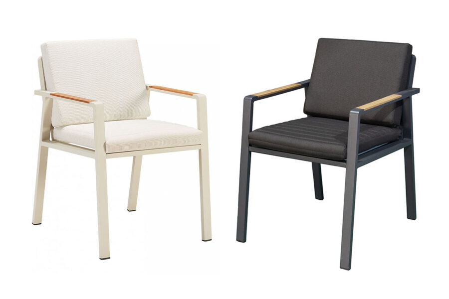 Présentation de deux chaises de jardin en aluminium et textilène, l'une blanche, l'autre noire. Collection haut de gamme Nofi.