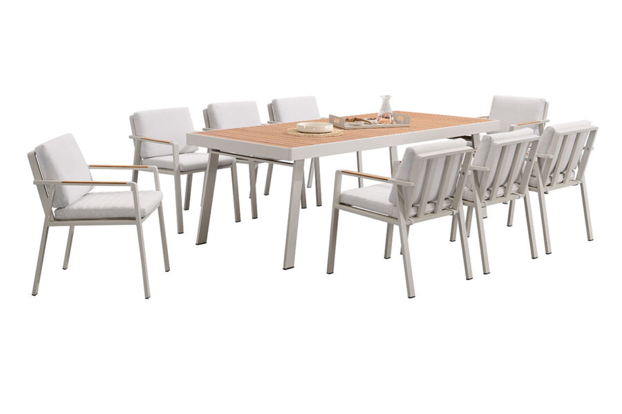 Table et chaises de jardin en aluminum blanc et tissu blanc Nofi.