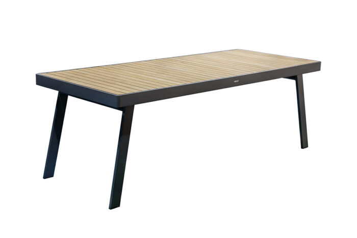 Table de jardin 8 personnes en aluminium noir et plateau en teck, Nofi.