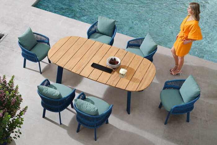 Ensemble table et chaises de jardin en corde tressée bleue AIO