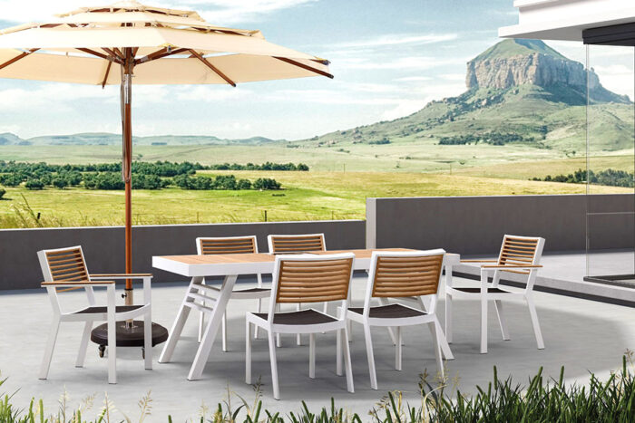 Salon de jardin table et chaises 6 personnes aluminium blanc terrasse collection YORK.