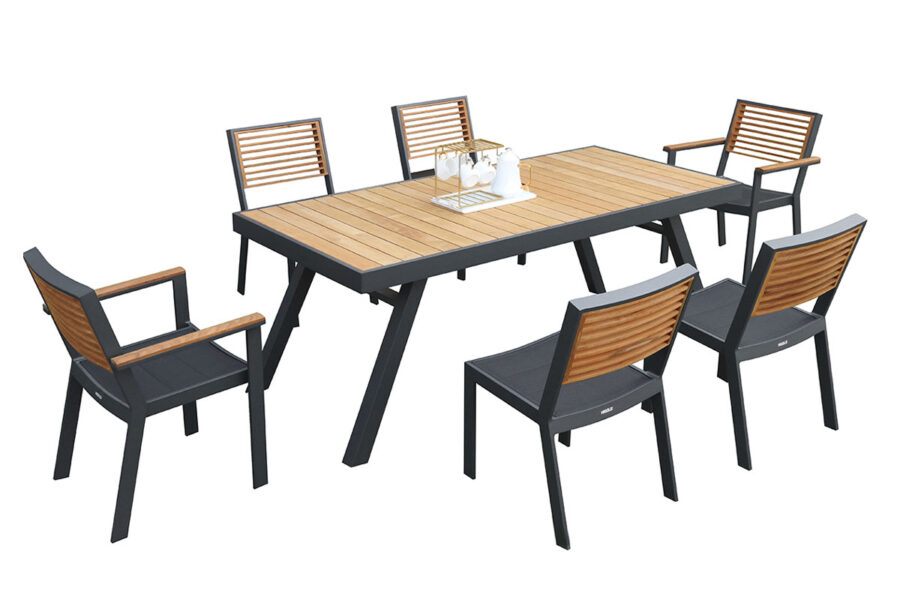 Ensemble table et chaises de jardin en aluminium noir pour 6 personnes, collection York.