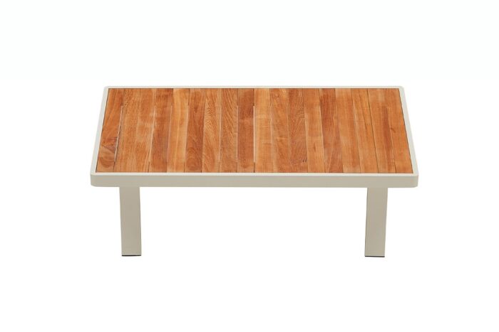 Table basse de jardin en aluminium blanc avec plateau en teck Nofi.