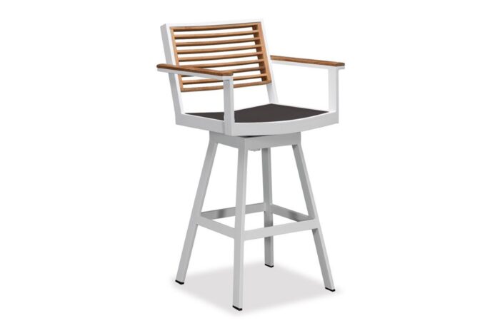 Chaise de bar de jardin pivotante avec accoudoirs, en aluminium blanc et dossier en teck. Collection York
