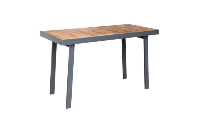 Table haute bar d'extérieur en aluminium noir et plateau en teck, collection York.
