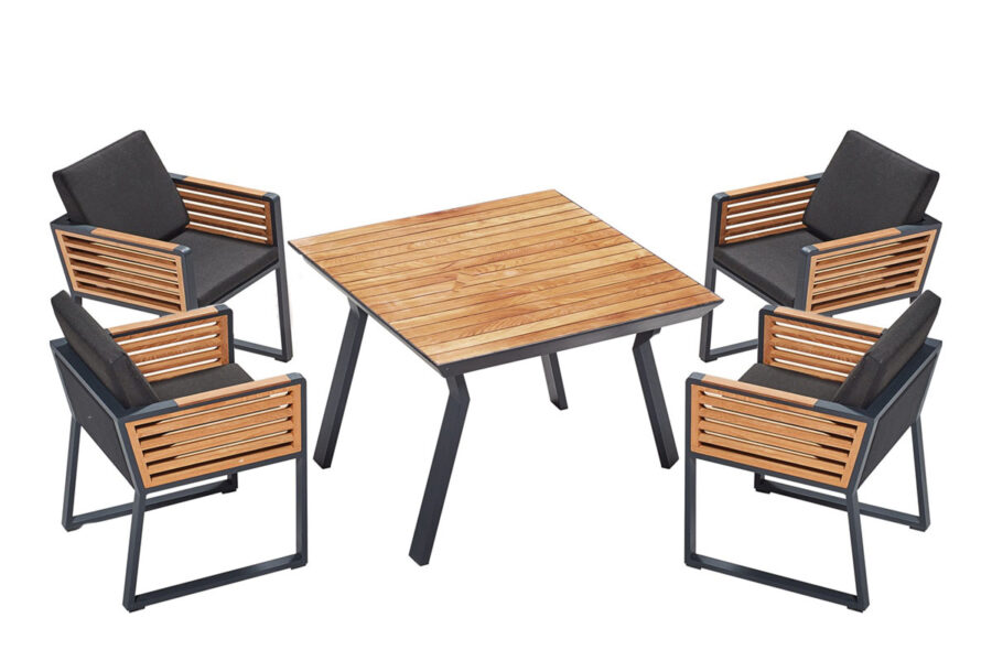 Ensemble Table de jardin carrée 4 personnes en teck et aluminium noir NEW-YORK