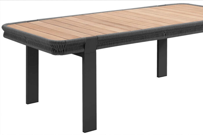 Détail corde tressée table de jardin en teck Borromeo.