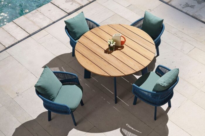 Ensemble table ronde de jardin en corde tressée Bleue AIO