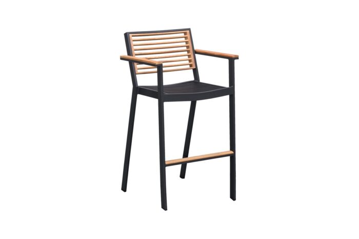 Chaises haute de jardin en aluminium noir et bois de teck. Collection York.