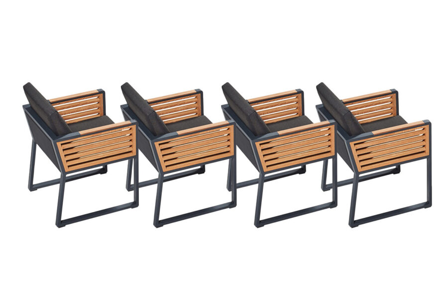 4 chaises en aluminium noir et accoudoirs en teck New-York