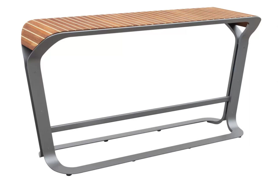 Table haute bar aluminium gris plateau en bois de teck Onda