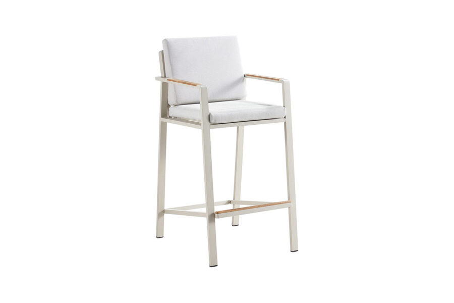 Chaise haute de jardin blanche façon tabouret de bar avec accoudoirs, structure en aluminium. Collection haut de gamme Nofi.