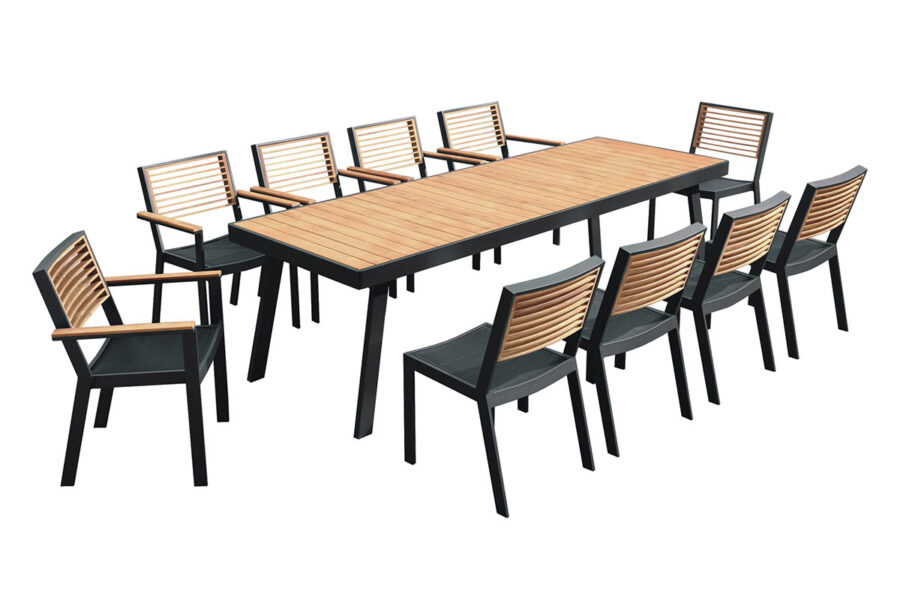 Ensemble repas de jardin 10 personnes: une table en aluminium noir et teck, 10 chaises, collection YORK.
