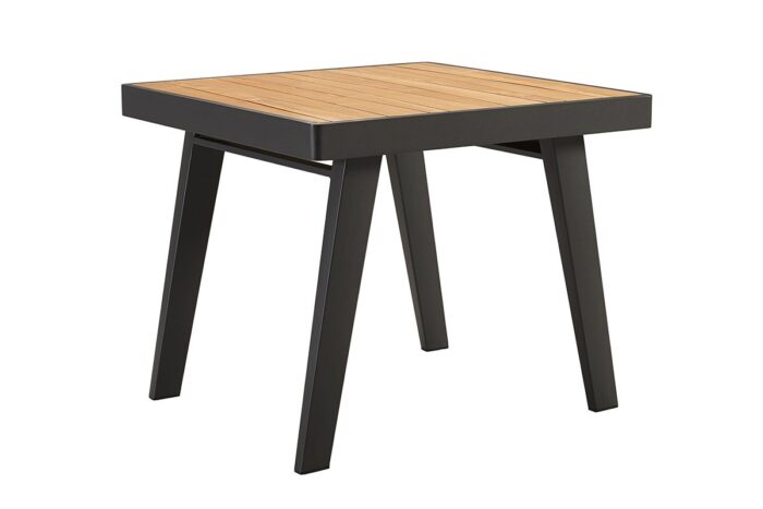 Table de jardin 90 x 90 cm, plateau en teck, structure aluminium noir, collection Emoti.