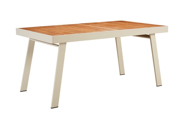 Grande table de jardin haut de gamme en aluminium blanc beige avec plateau en teck massif Nofi. Forme: rectangulaire.