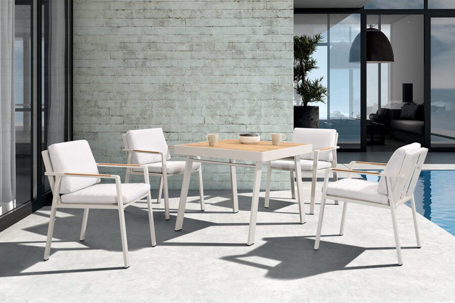 Ensemble table de jardin carrée et chaises de jardin blanches en aluminium pour 4 personnes NOFI.