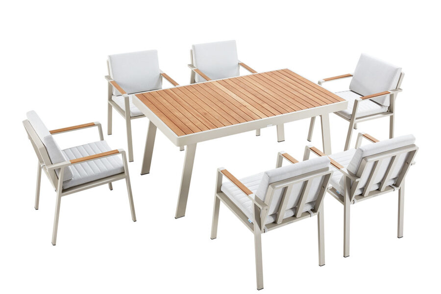 Table de jardin haut de gamme aluminium blanc et six chaises avec accoudoirs en teck massif Nofi.