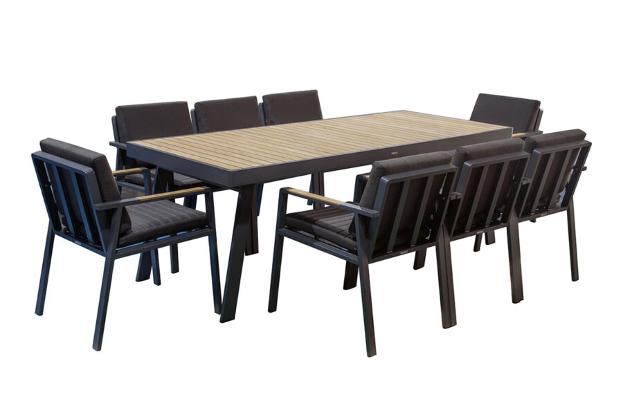 Ensemble table et chaises d'extérieur en aluminum noir pour 8 personnes, collection Nofi.