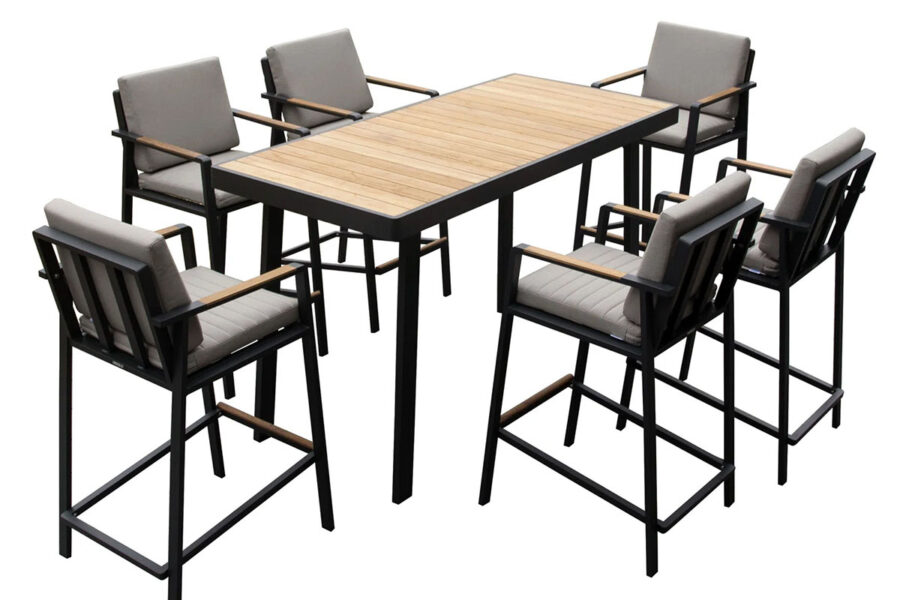 Table haute de jardin en aluminium noir et teck pour 6 personnes. Ensemble repas haut de gamme Nofi.