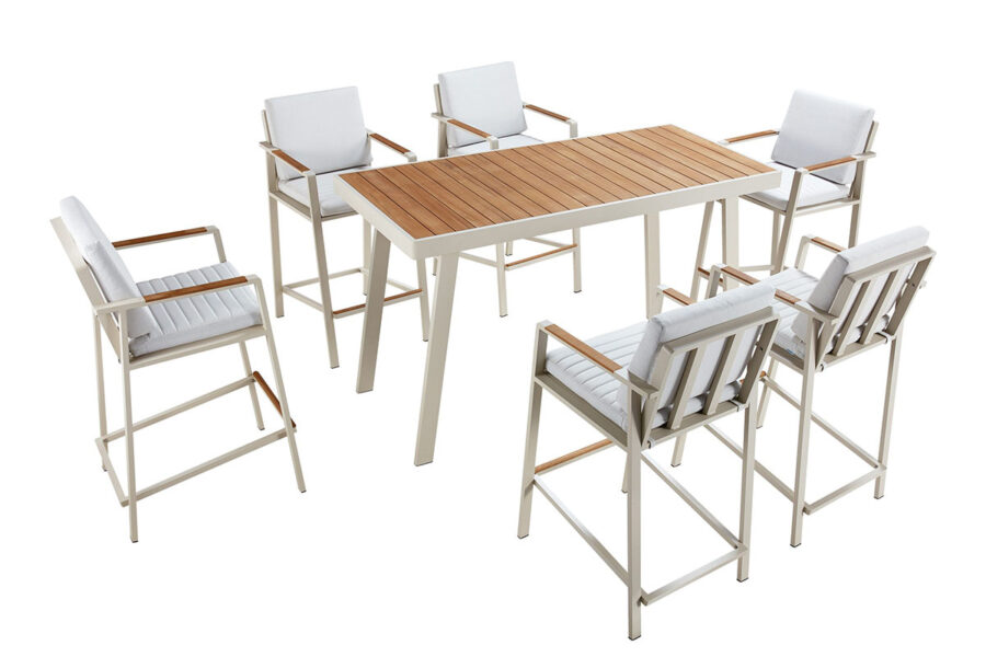 Ensemble table haute de jardin en aluminium blanc et teck pour 6 personnes. Ensemble repas extérieur haut de gamme Nofi.