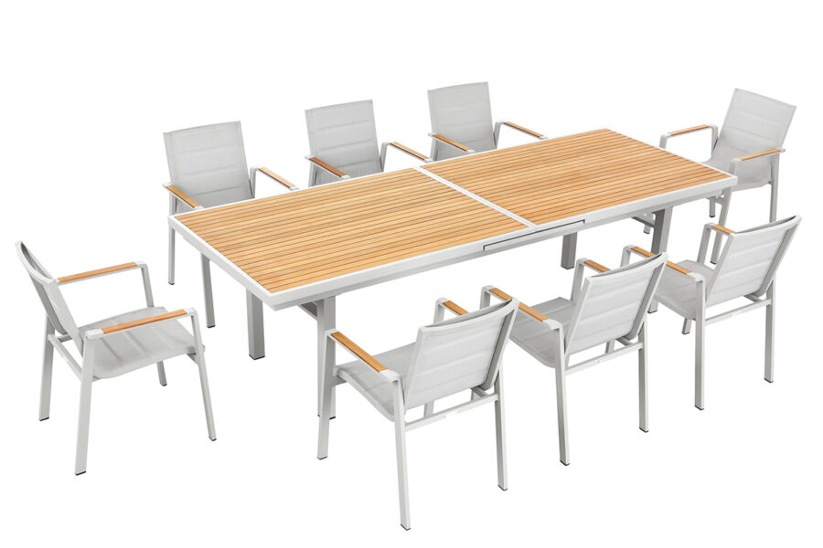 Grande table de jardin extensible blanche haut de gamme avec huit chaises de jardin en aluminium Nofi.