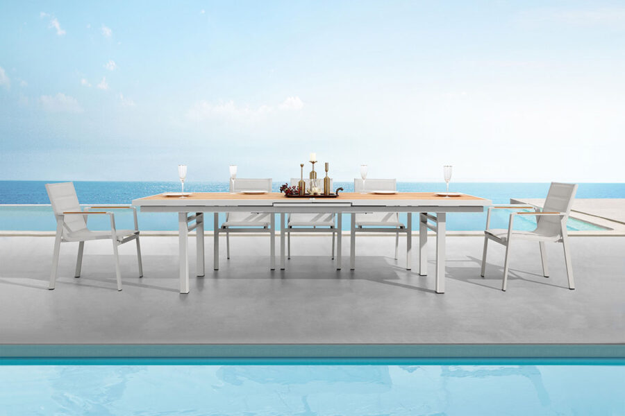 Grande table de jardin extensible 10 personnes et chaises aluminium haut de gamme Nofi.